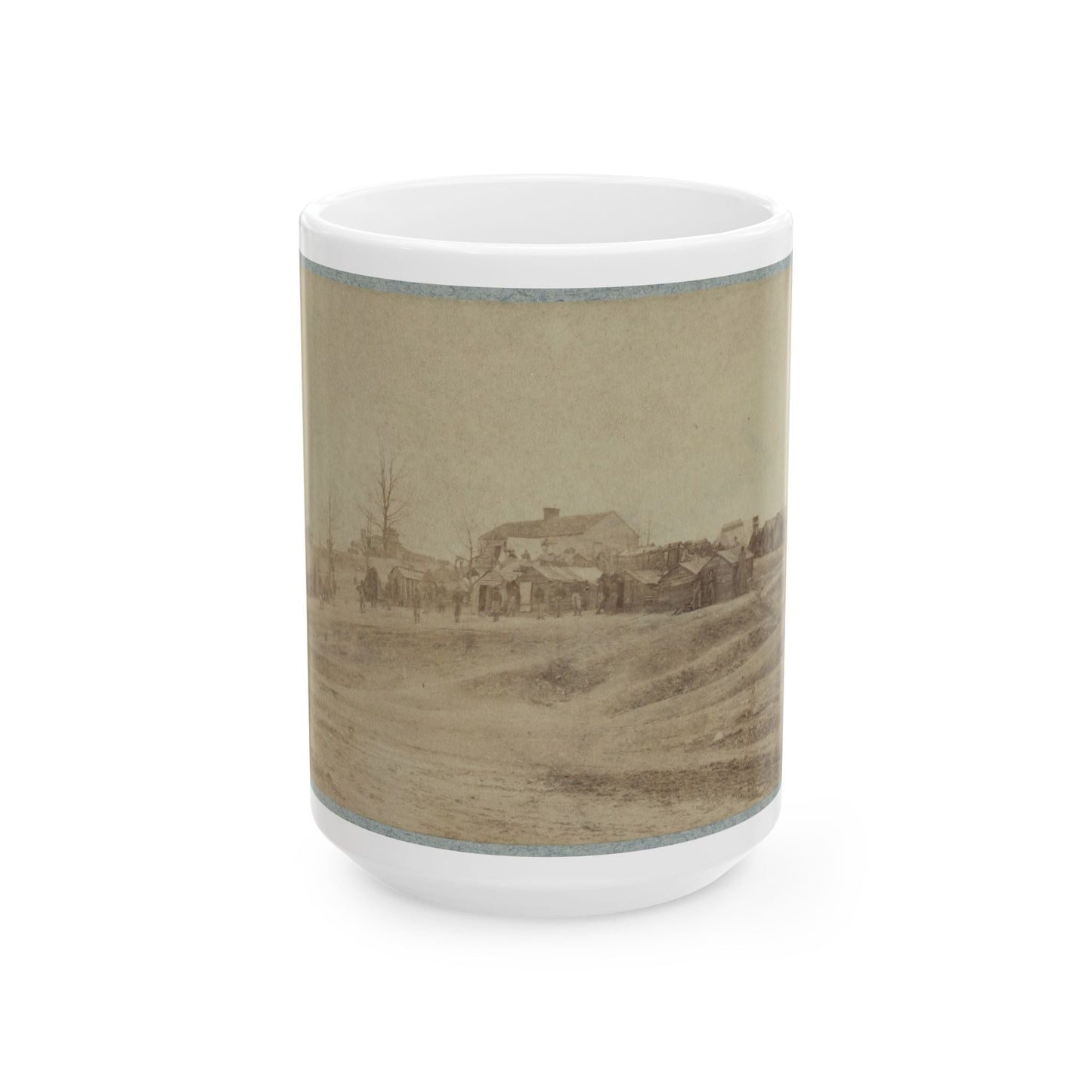 A Camp Made Up Of Small Cabins That Surround A Large Building (U.S. Civil War) White Coffee Mug