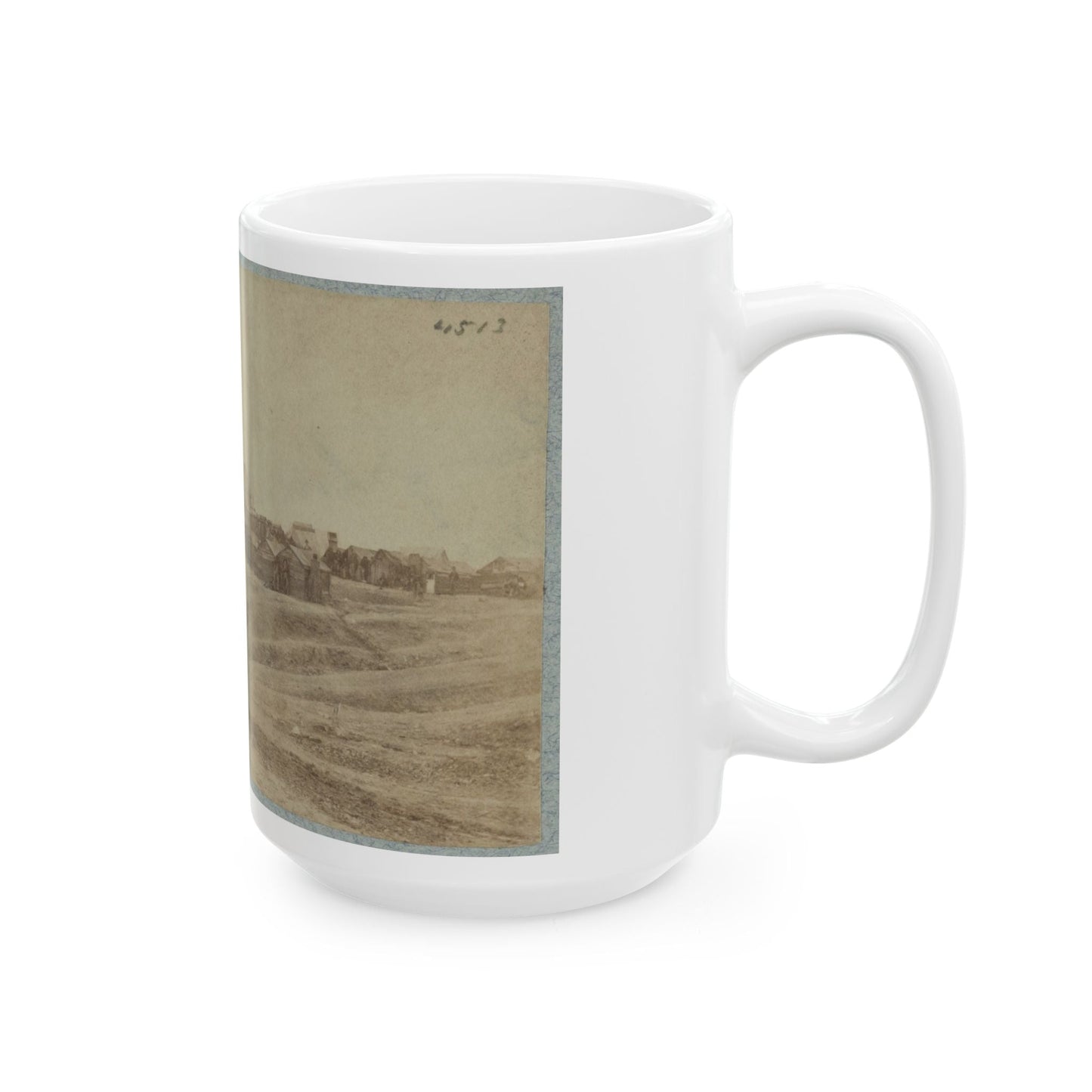 A Camp Made Up Of Small Cabins That Surround A Large Building (U.S. Civil War) White Coffee Mug