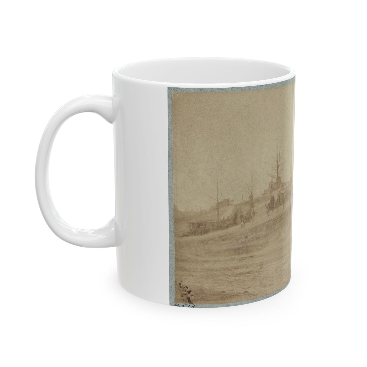 A Camp Made Up Of Small Cabins That Surround A Large Building (U.S. Civil War) White Coffee Mug