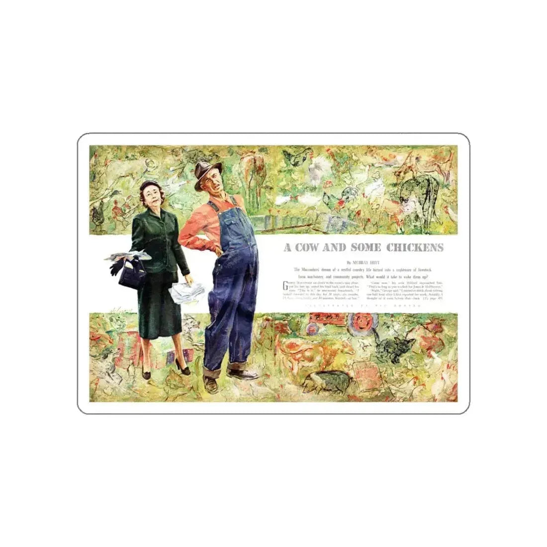 A Cow and Some Chickens, Family Circle, January 1954 (Magazine Illustration) STICKER Vinyl Die-Cut Decal White Die-Cut 5 Inch - The Sticker Space
