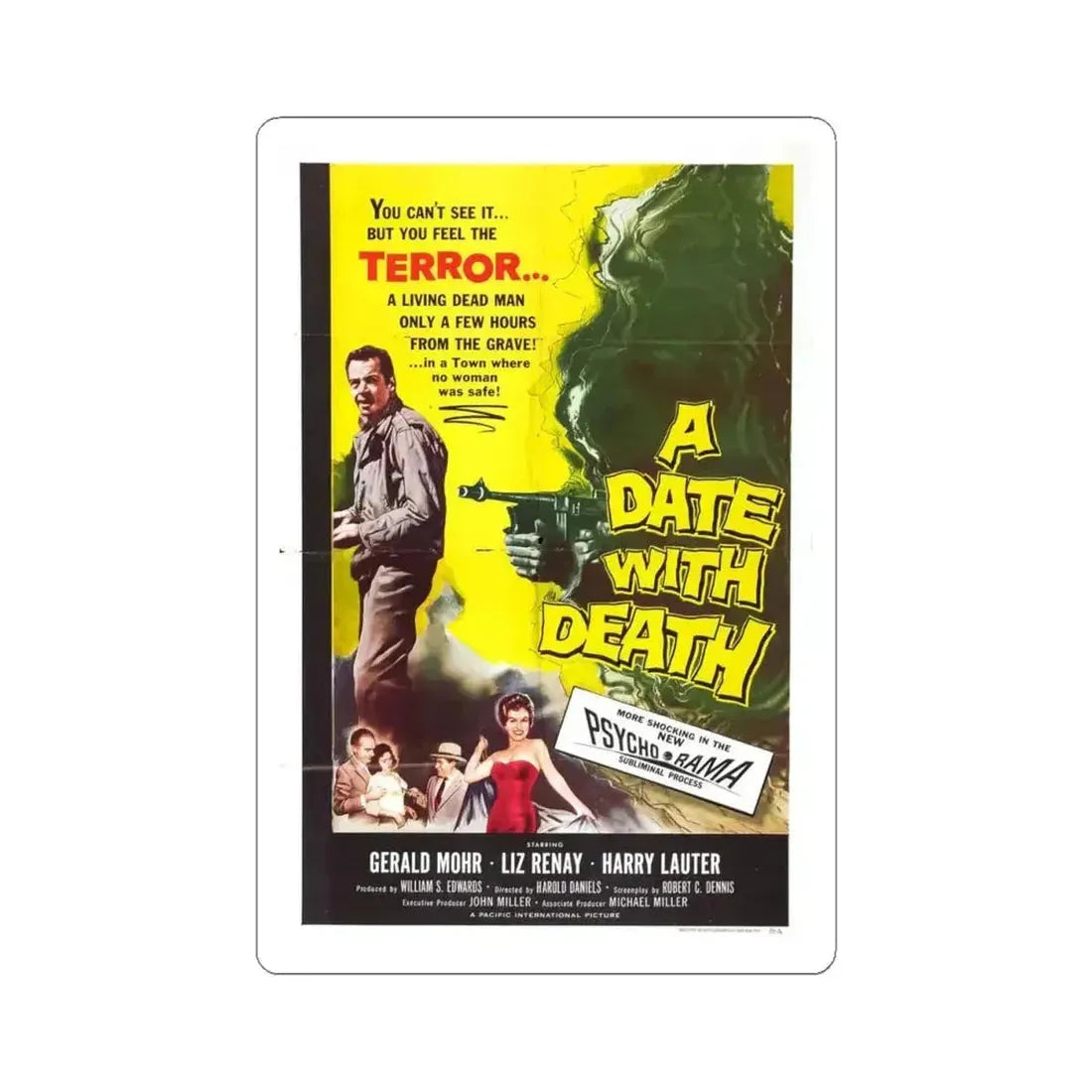A DATE WITH DEATH 1959 Movie Poster - STICKER Vinyl Kiss-Cut Decal 4 Inch White - The Sticker Space