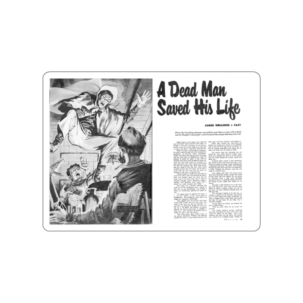 A Dead Man Saved His Life, Man Junior, July 1955 (Magazine Illustration) STICKER Vinyl Die-Cut Decal-White-The Sticker Space