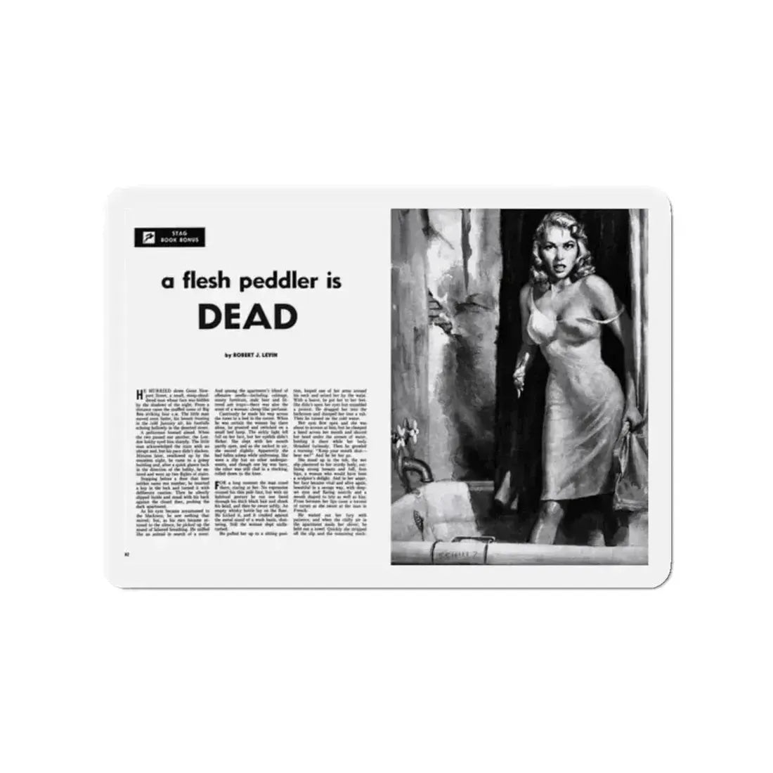 A Flesh Peddler is Dead, Stag magazine, February 1956 (Magazine Illustration) Refrigerator Magnet 2 Inch - The Sticker Space