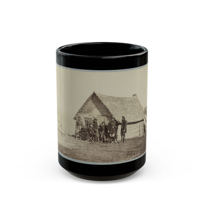 A Group Of Soldiers, And Two Young Men, One An African American, Stand Outside Of Log Cabin Quarters (U.S. Civil War) Black Coffee Mug