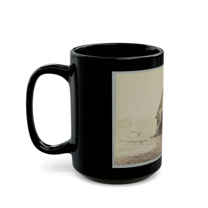 A Group Of Soldiers, And Two Young Men, One An African American, Stand Outside Of Log Cabin Quarters (U.S. Civil War) Black Coffee Mug