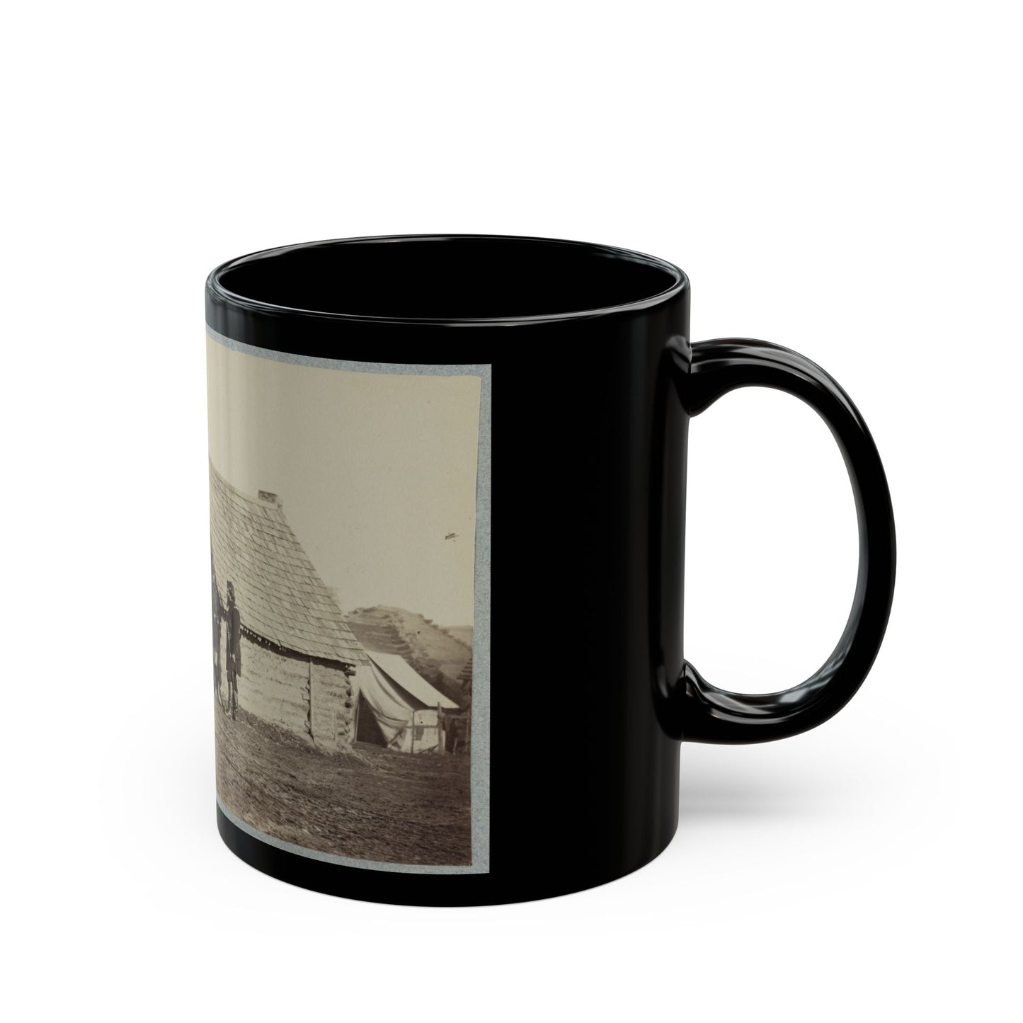 A Group Of Soldiers, And Two Young Men, One An African American, Stand Outside Of Log Cabin Quarters (U.S. Civil War) Black Coffee Mug