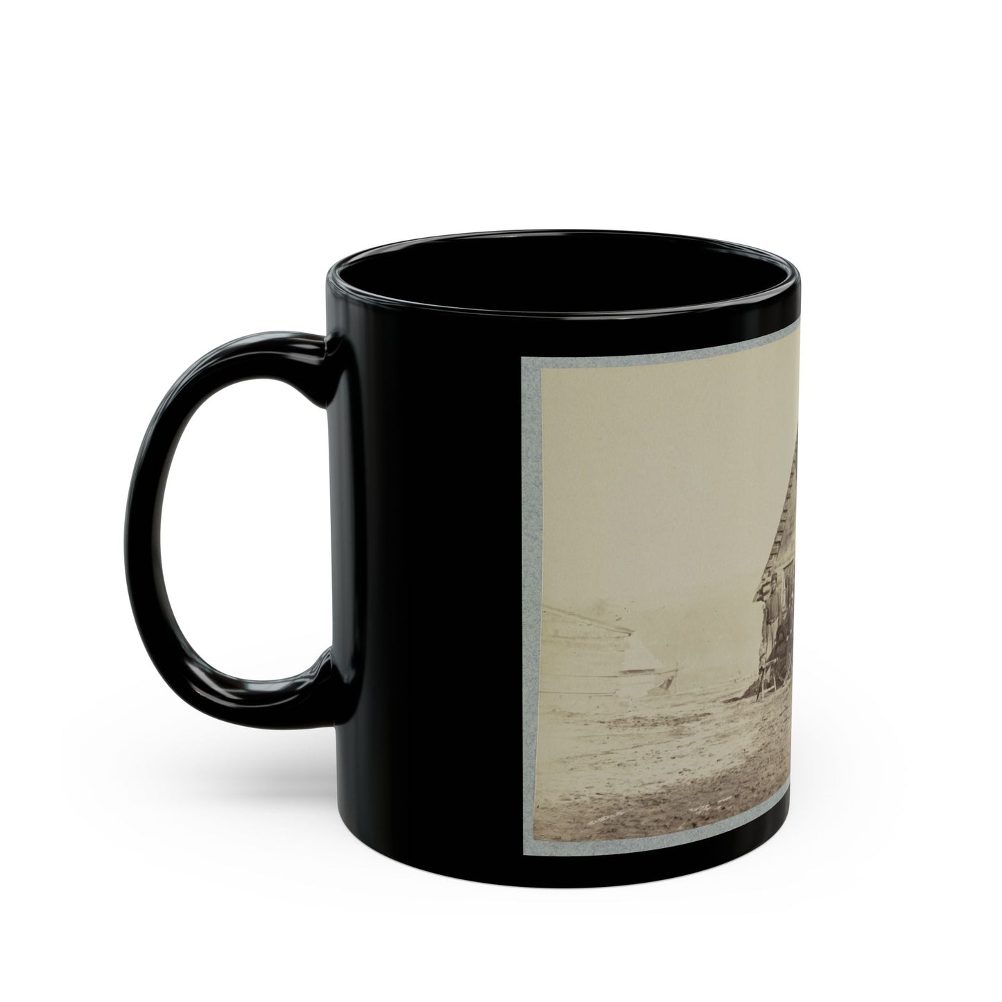 A Group Of Soldiers, And Two Young Men, One An African American, Stand Outside Of Log Cabin Quarters (U.S. Civil War) Black Coffee Mug