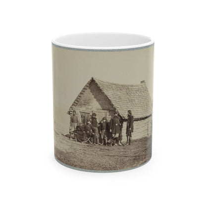 A Group Of Soldiers, And Two Young Men, One An African American, Stand Outside Of Log Cabin Quarters (U.S. Civil War) White Coffee Mug