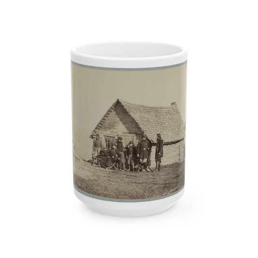 A Group Of Soldiers, And Two Young Men, One An African American, Stand Outside Of Log Cabin Quarters (U.S. Civil War) White Coffee Mug