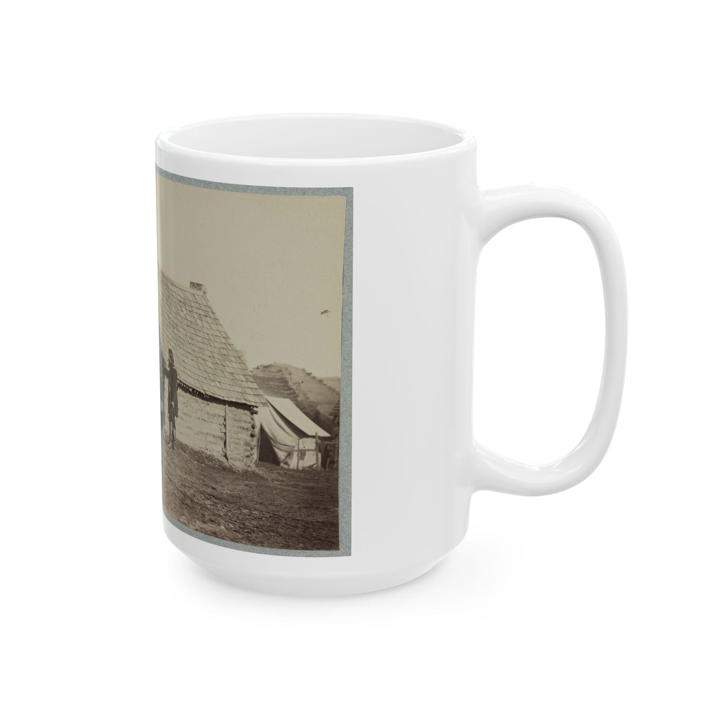 A Group Of Soldiers, And Two Young Men, One An African American, Stand Outside Of Log Cabin Quarters (U.S. Civil War) White Coffee Mug