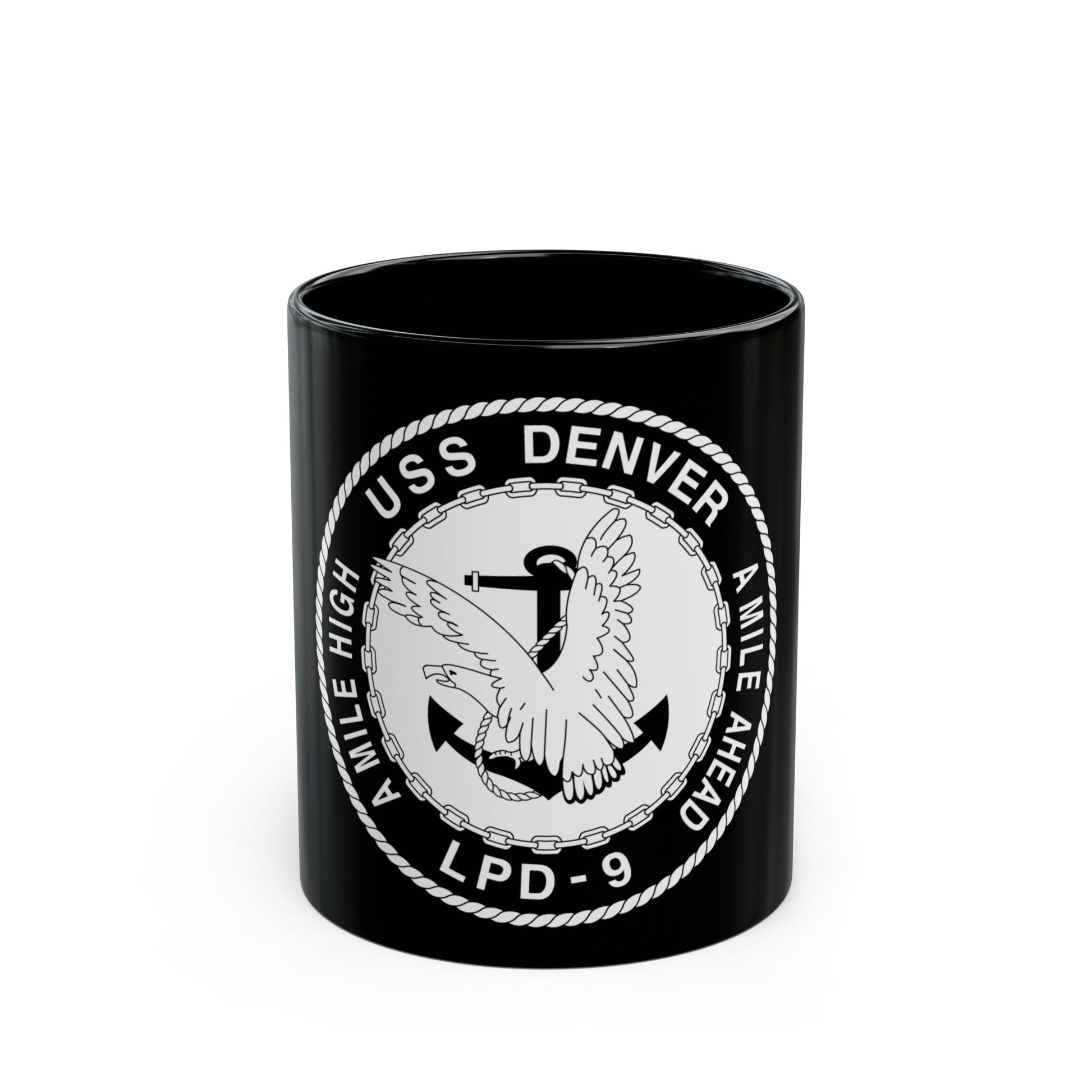 A Mile High USS Denver A Mile Ahead LPD 9 BW (U.S. Navy) Black Coffee Mug-11oz-The Sticker Space