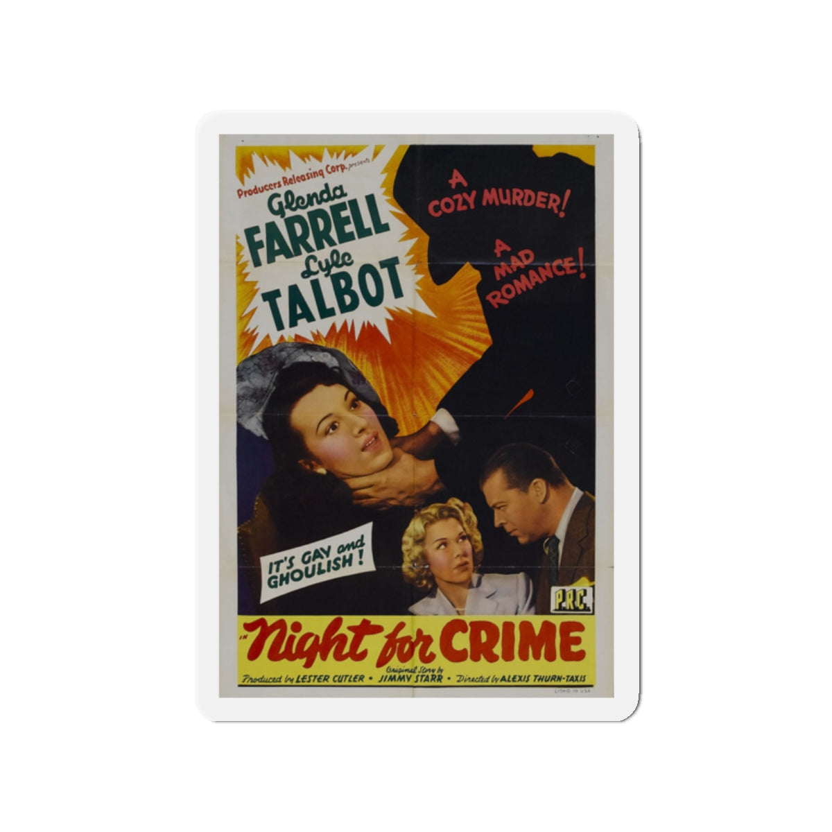 A NIGHT FOR CRIME 1943 Movie Poster - Die-Cut Magnet-2" x 2"-The Sticker Space