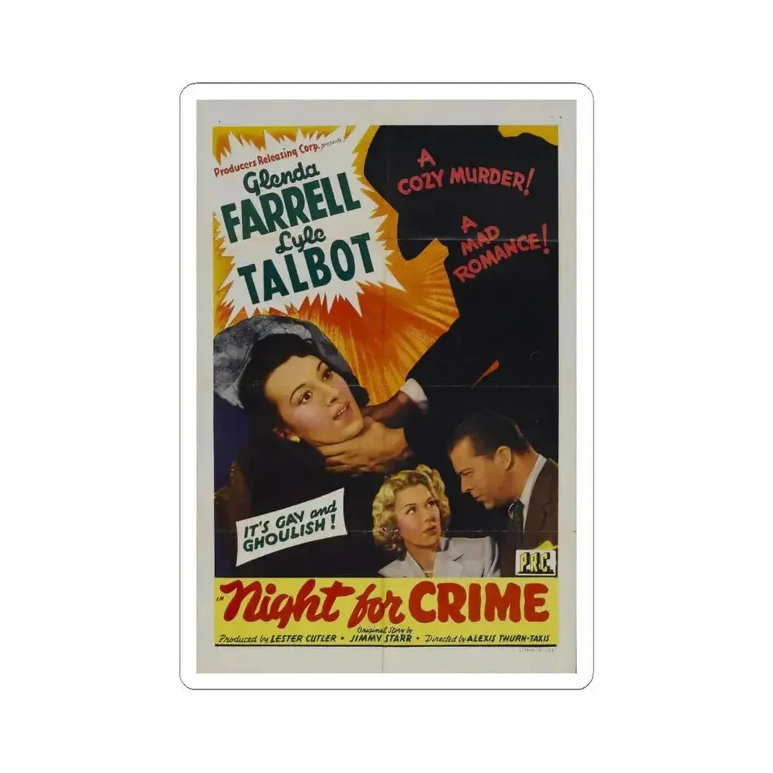 A NIGHT FOR CRIME 1943 Movie Poster - STICKER Vinyl Kiss-Cut Decal 4 Inch White - The Sticker Space