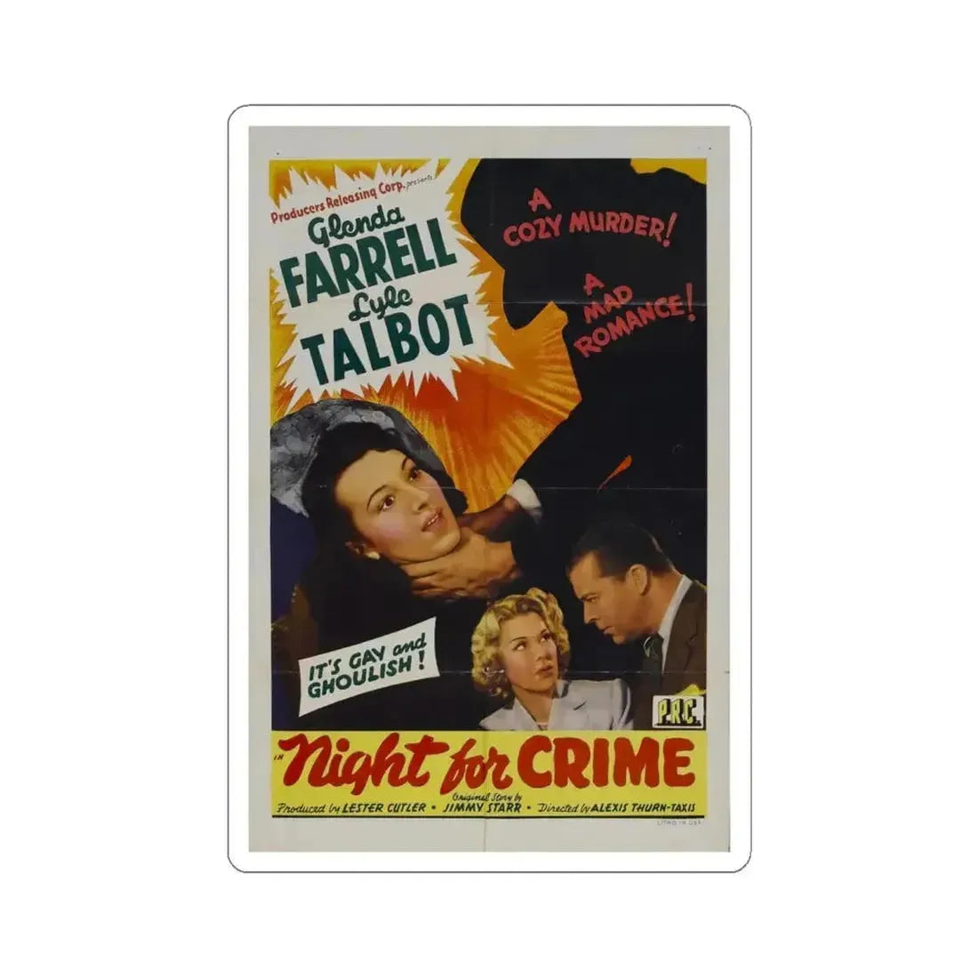 A NIGHT FOR CRIME 1943 Movie Poster - STICKER Vinyl Kiss-Cut Decal 6 Inch White - The Sticker Space