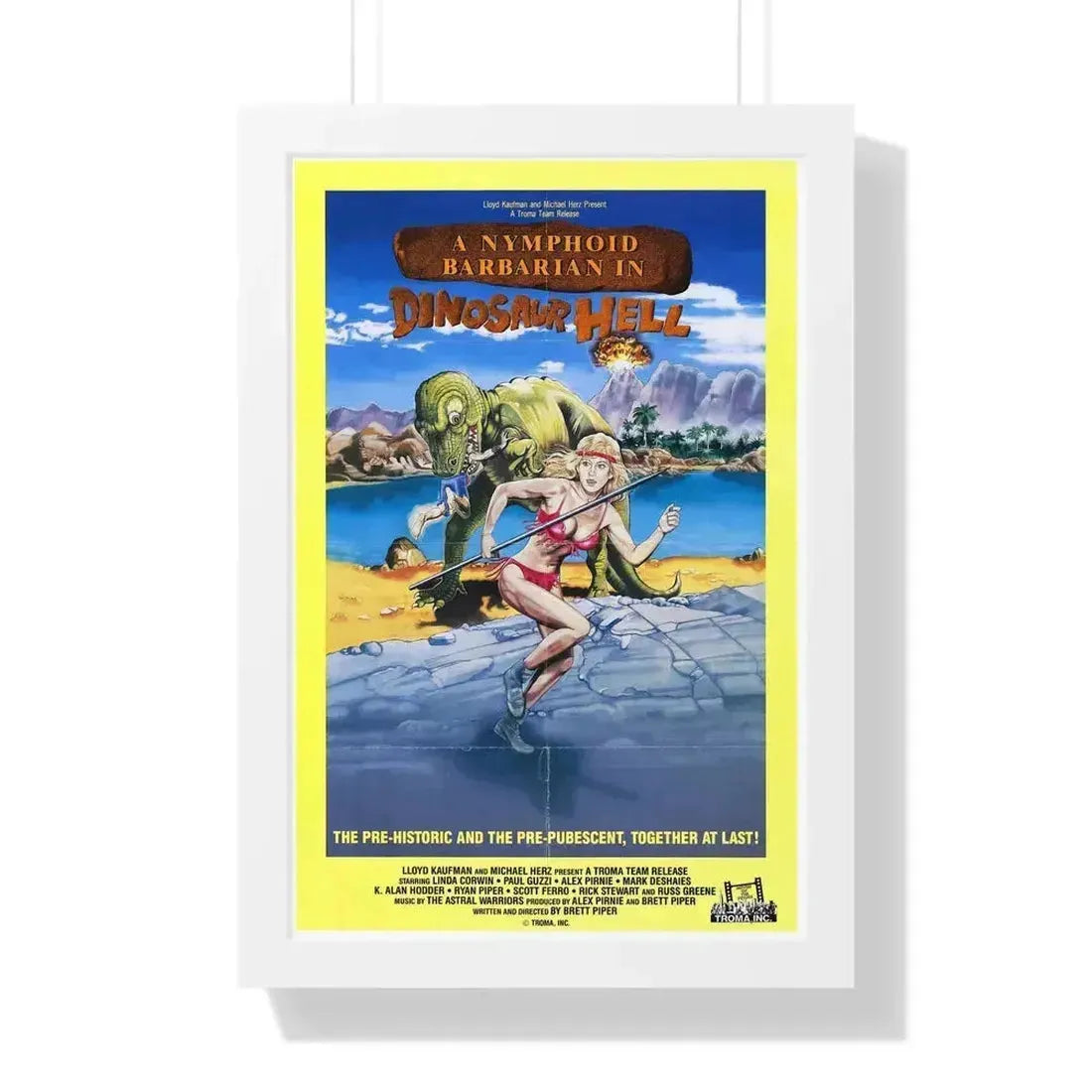 A NYMPHOID BARBARIAN IN DINOSAUR HELL 1990 - Framed Movie Poster 16″ x 24″ White - The Sticker Space