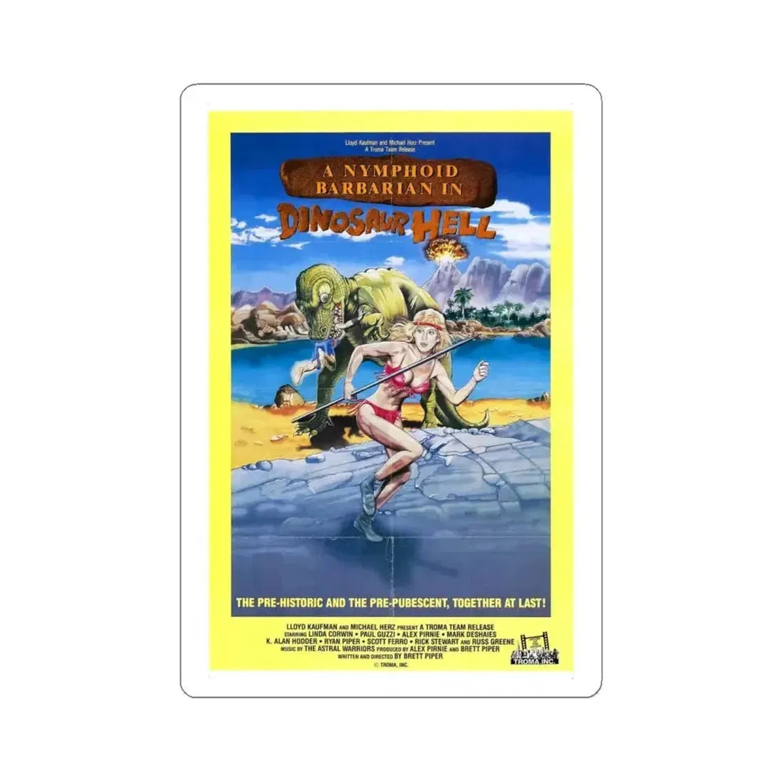 A NYMPHOID BARBARIAN IN DINOSAUR HELL 1990 Movie Poster - STICKER Vinyl Kiss-Cut Decal 6 Inch White - The Sticker Space