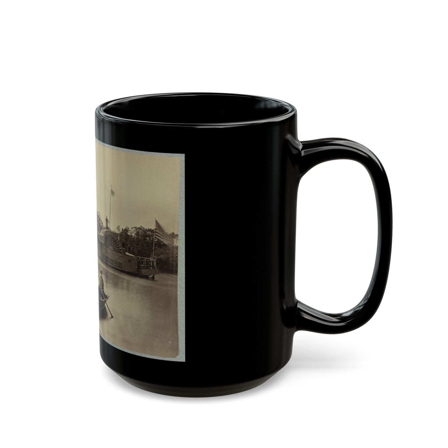 A Sailor Sits In A Small Boat In The Foreground With A Side Wheeler In The Rear (U.S. Civil War) Black Coffee Mug