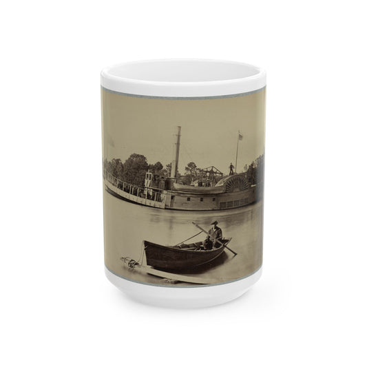 A Sailor Sits In A Small Boat In The Foreground With A Side Wheeler In The Rear (U.S. Civil War) White Coffee Mug