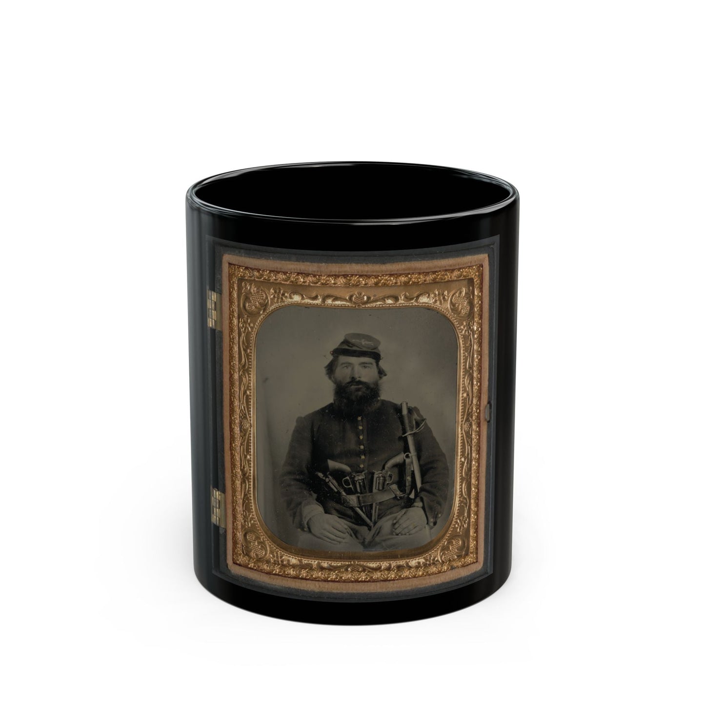 A. J. Blue, Cavalry Soldier In Union Shell Jacket And Bummer Cap With Three Remington Revolvers In His Belt, Holding A Sword (U.S. Civil War) Black Coffee Mug