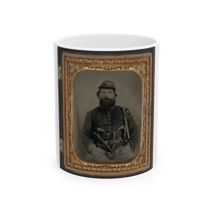 A. J. Blue, Cavalry Soldier In Union Shell Jacket And Bummer Cap With Three Remington Revolvers In His Belt, Holding A Sword (U.S. Civil War) White Coffee Mug