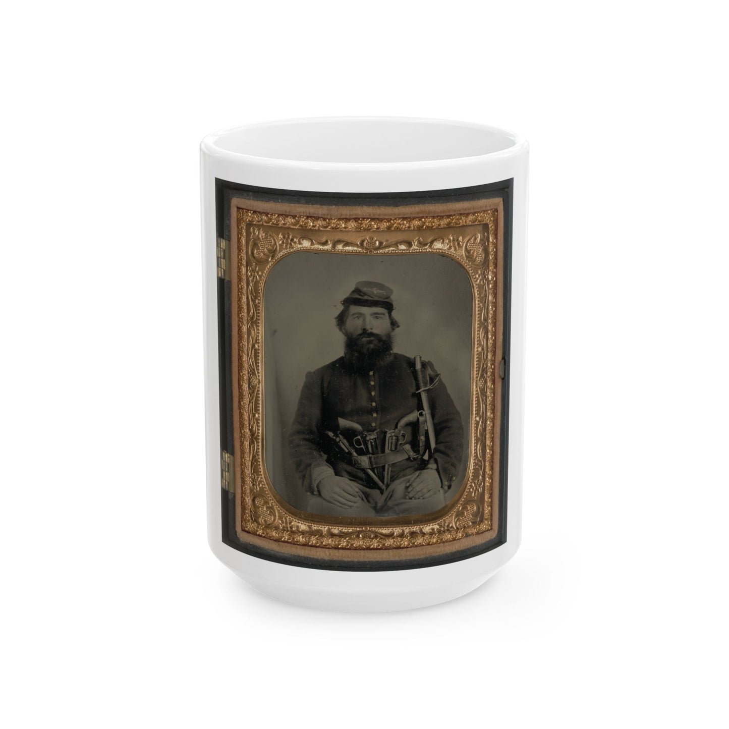 A. J. Blue, Cavalry Soldier In Union Shell Jacket And Bummer Cap With Three Remington Revolvers In His Belt, Holding A Sword (U.S. Civil War) White Coffee Mug