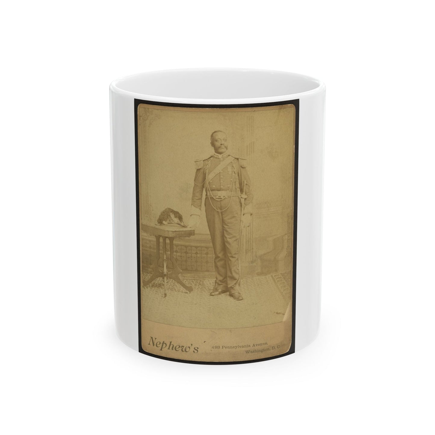 African American Soldier, Full-Length Portrait, Wearing Gar Medal, Standing Next To Table (U.S. Civil War) White Coffee Mug