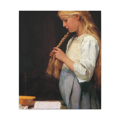 Albert Anker (1831-1910) Girl Braiding Her Hair 1887 - Canvas Wall Art-20″ x 24″-The Sticker Space