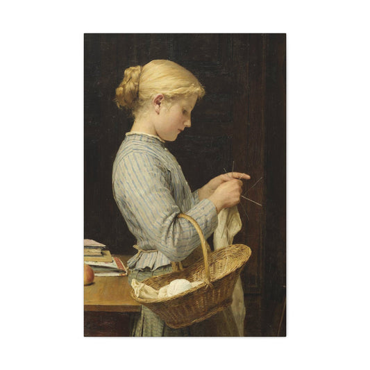 Albert Anker (1831-1910) Girl Knitting 1888 - Canvas Wall Art-24″ x 36″-The Sticker Space