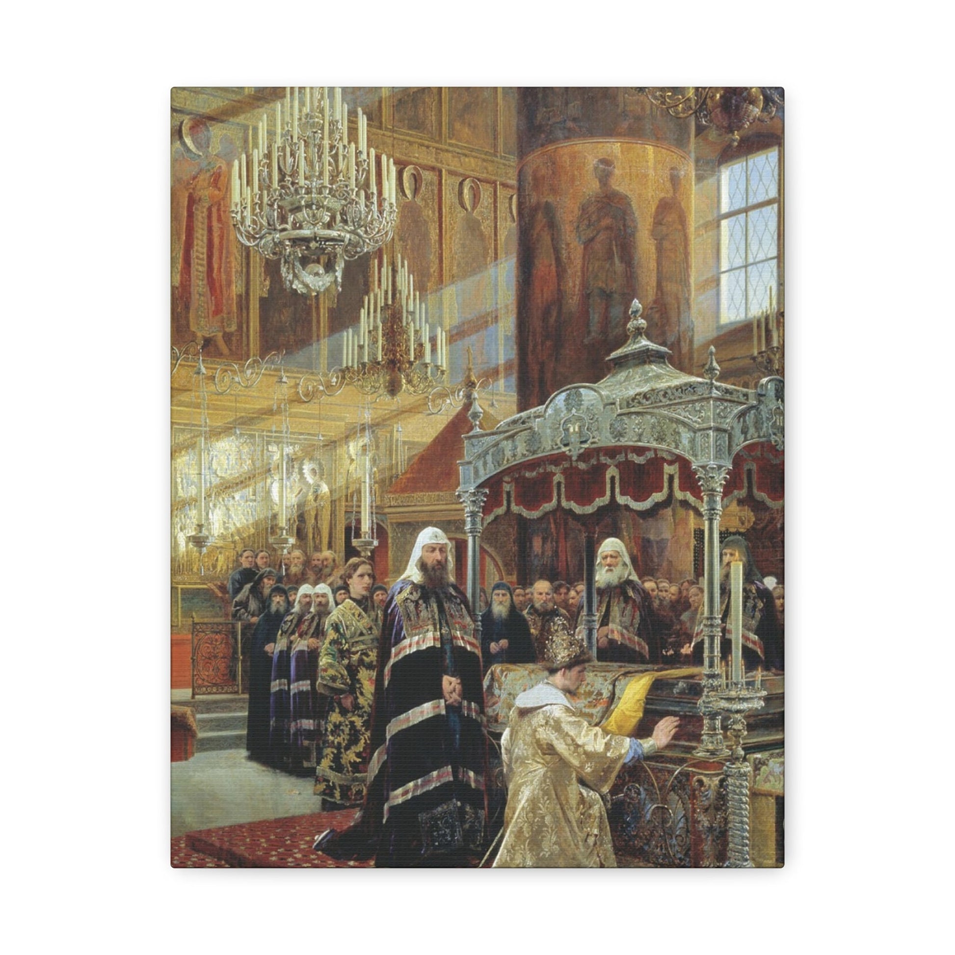 Alexander Dmitrievich Litovchenko (1835-1890) Young Tsar Alexis Praying Before the Relics of Metropolita - Canvas Wall Art-11″ x 14″-The Sticker Space