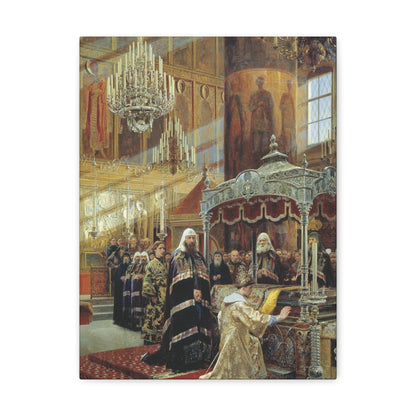 Alexander Dmitrievich Litovchenko (1835-1890) Young Tsar Alexis Praying Before the Relics of Metropolita - Canvas Wall Art-12″ x 16″-The Sticker Space