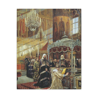 Alexander Dmitrievich Litovchenko (1835-1890) Young Tsar Alexis Praying Before the Relics of Metropolita - Canvas Wall Art-16″ x 20″-The Sticker Space