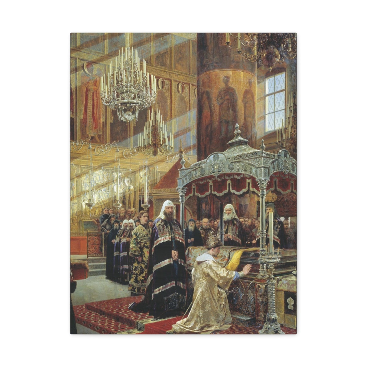 Alexander Dmitrievich Litovchenko (1835-1890) Young Tsar Alexis Praying Before the Relics of Metropolita - Canvas Wall Art-18″ x 24″-The Sticker Space