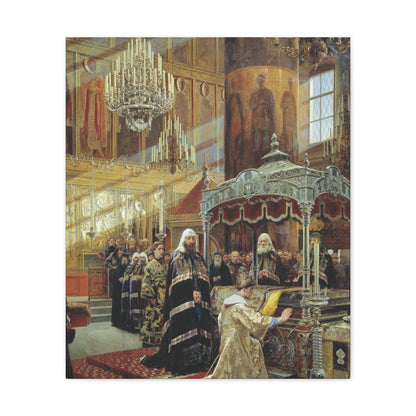 Alexander Dmitrievich Litovchenko (1835-1890) Young Tsar Alexis Praying Before the Relics of Metropolita - Canvas Wall Art-20″ x 24″-The Sticker Space