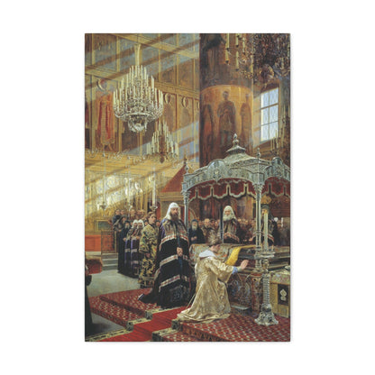 Alexander Dmitrievich Litovchenko (1835-1890) Young Tsar Alexis Praying Before the Relics of Metropolita - Canvas Wall Art-20″ x 30″-The Sticker Space