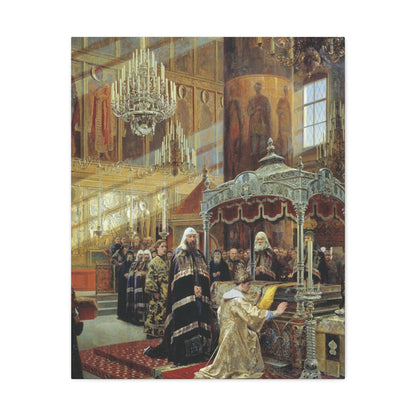 Alexander Dmitrievich Litovchenko (1835-1890) Young Tsar Alexis Praying Before the Relics of Metropolita - Canvas Wall Art-24″ x 30″-The Sticker Space