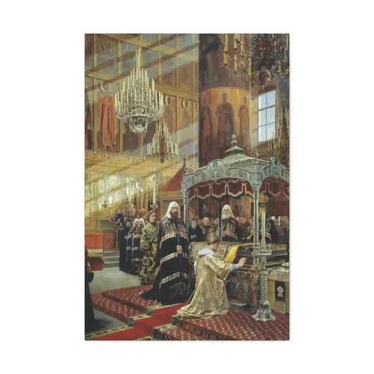 Alexander Dmitrievich Litovchenko (1835-1890) Young Tsar Alexis Praying Before the Relics of Metropolita - Canvas Wall Art 24″ x 36″ 1.25" - The Sticker Space