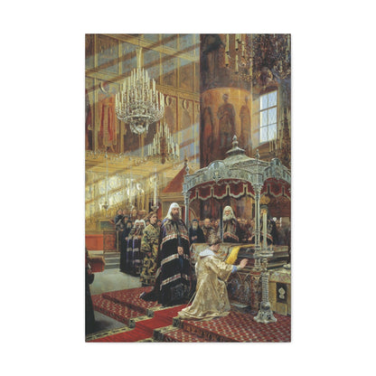 Alexander Dmitrievich Litovchenko (1835-1890) Young Tsar Alexis Praying Before the Relics of Metropolita - Canvas Wall Art-24″ x 36″-The Sticker Space