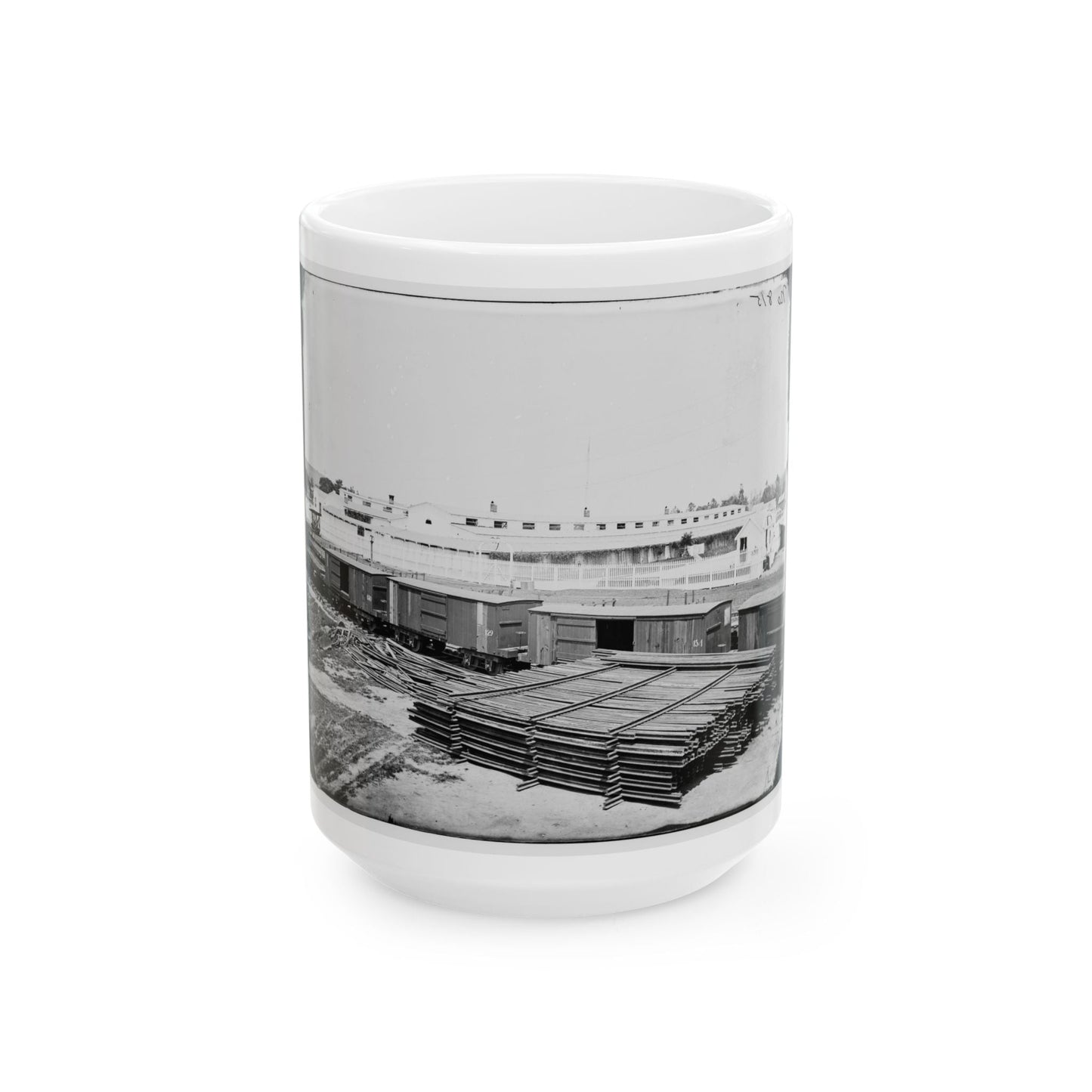 Alexandria, Virginia. Soldiers' Rest. (Railroad Boxcars Shown In Foreground) (U.S. Civil War) White Coffee Mug-15oz-The Sticker Space