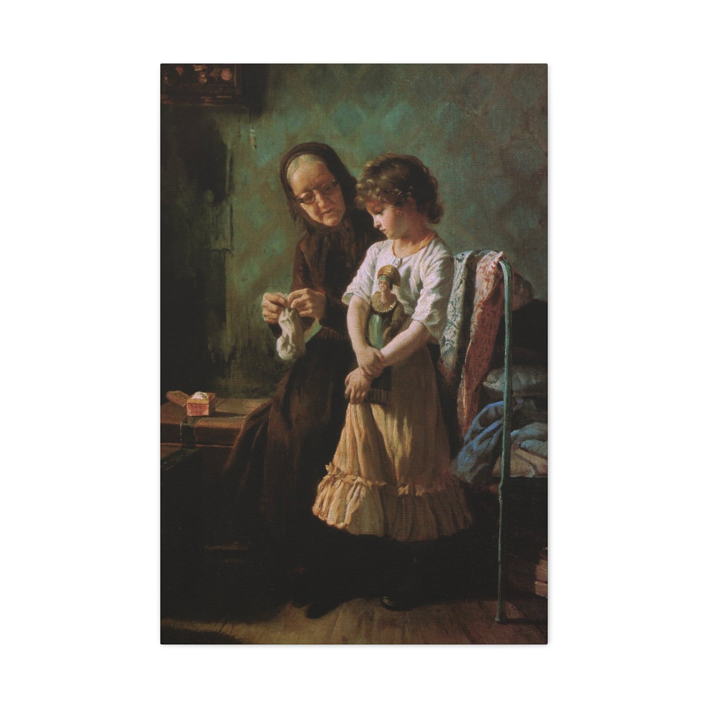 Alexei Ivanovich Korzukhin (1835-1894) Grandmother and Granddaughter - 1890 - Canvas Wall Art-24″ x 36″-The Sticker Space