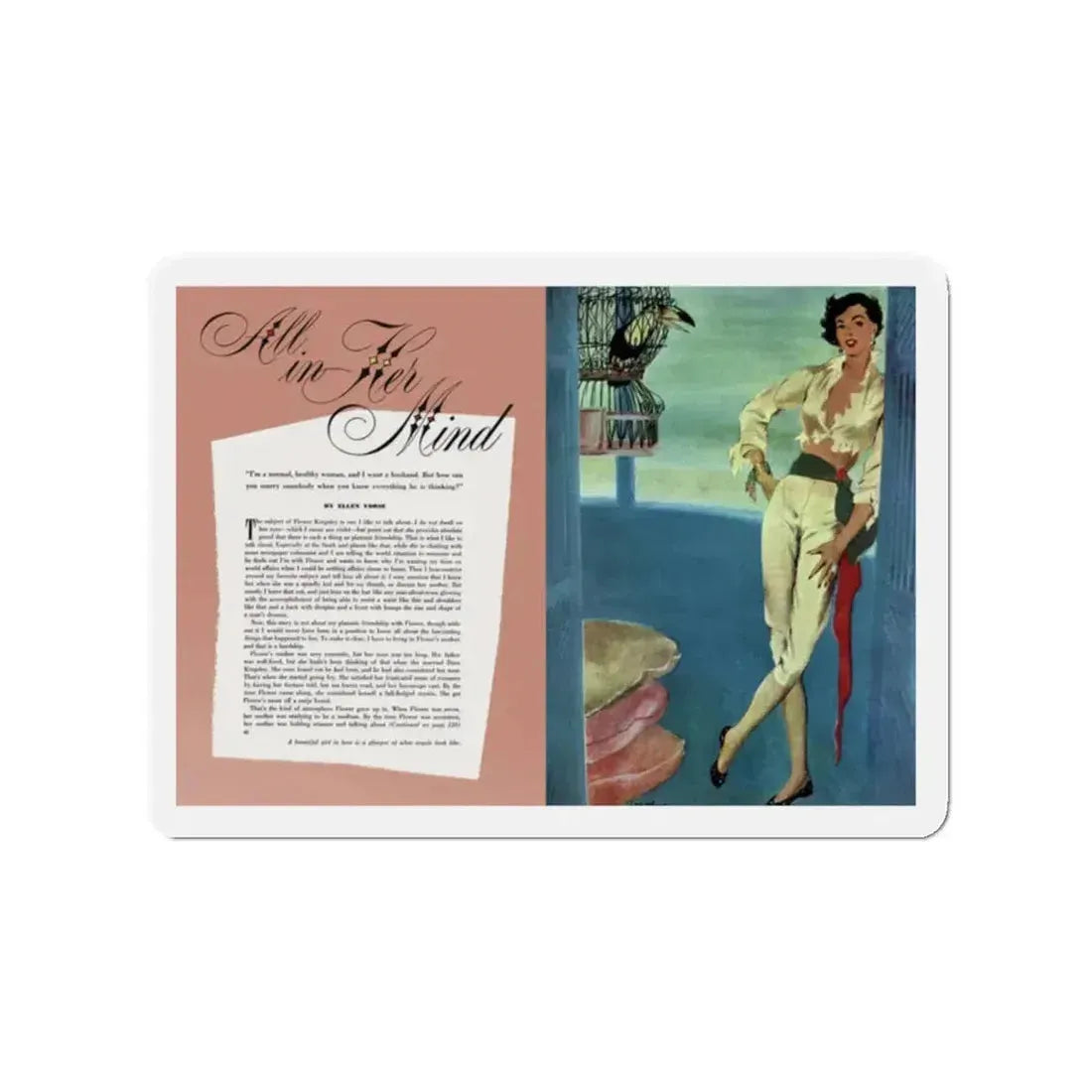 All In Her Mind, Cosmopolitan, February 1951 (Magazine Illustration) Refrigerator Magnet 2 Inch Die-Cut - The Sticker Space