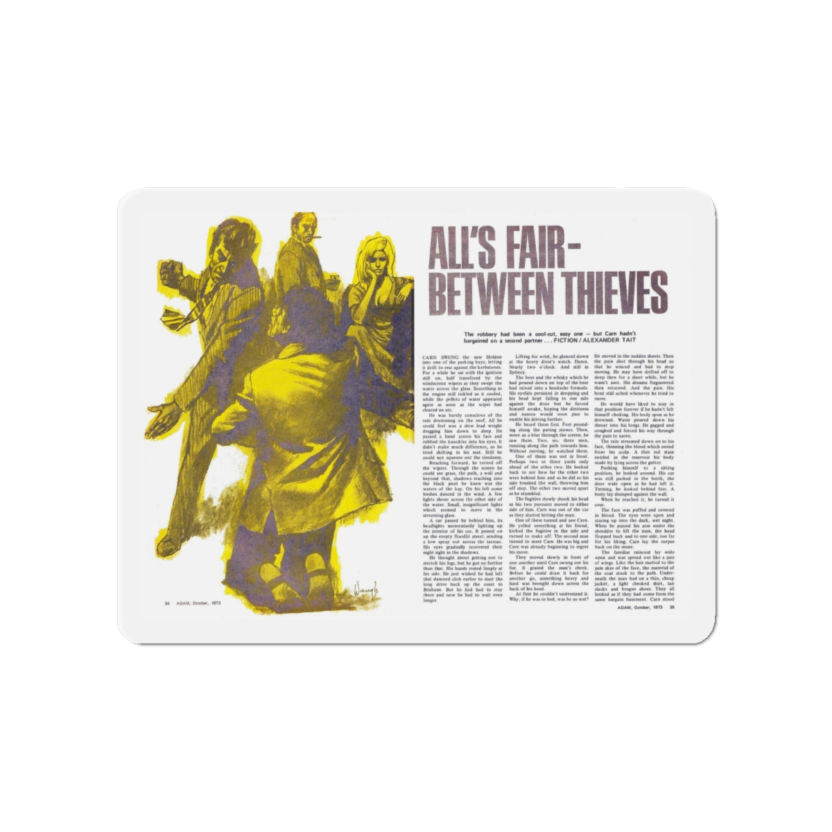 All's Fair Between Thieves, Adam magazine, October 1973 (Magazine Illustration) Refrigerator Magnet-4" x 4"-The Sticker Space