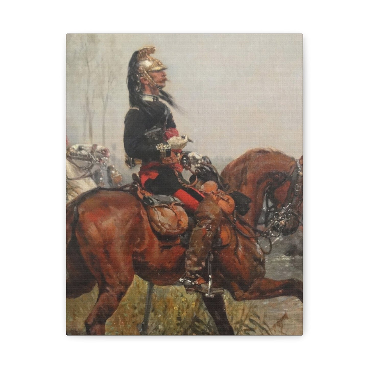 Alphonse-Marie-Adolphe de Neuville (1835-1885) Dragoons officer crossing a river - 1878 - Canvas Wall Art-11″ x 14″-The Sticker Space