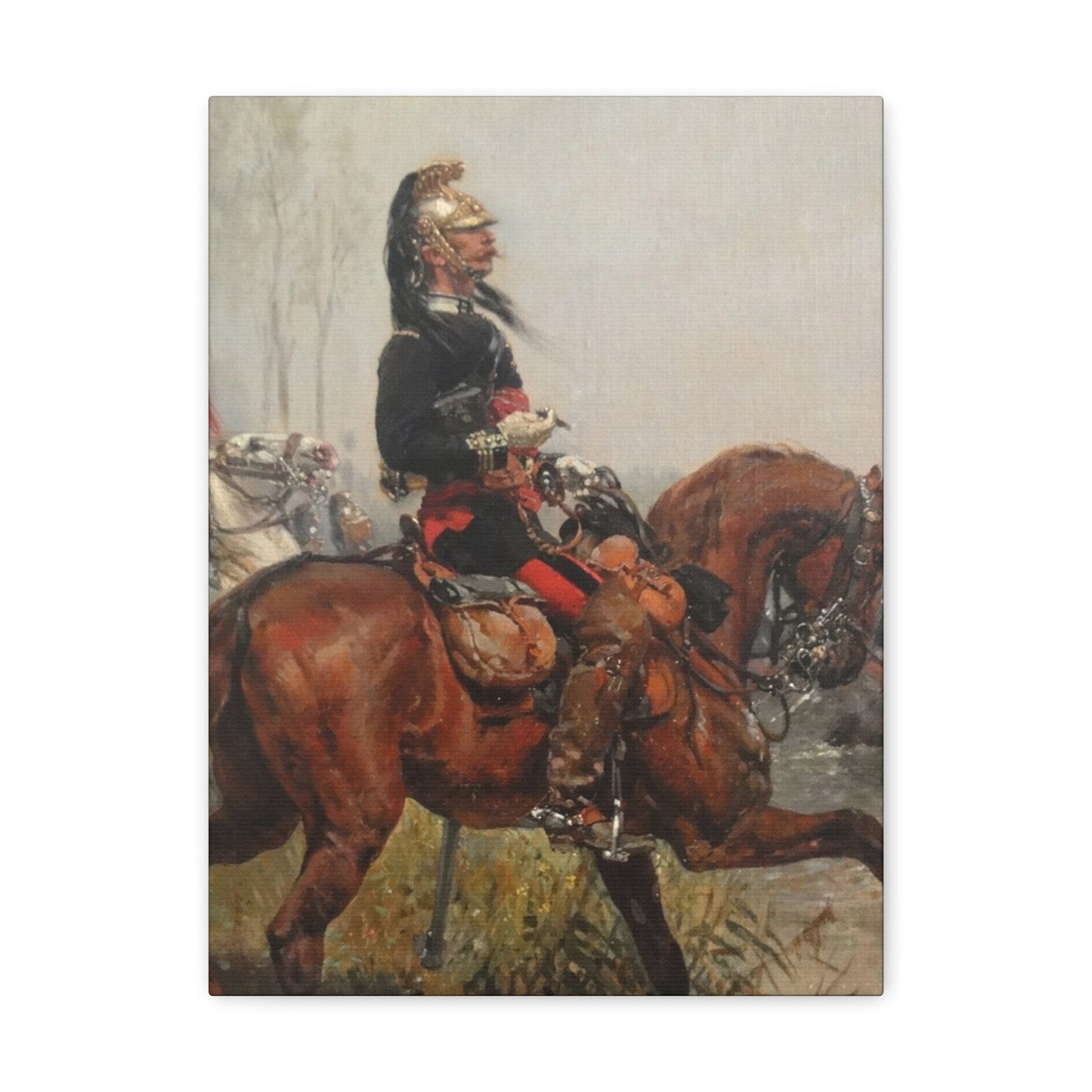 Alphonse-Marie-Adolphe de Neuville (1835-1885) Dragoons officer crossing a river - 1878 - Canvas Wall Art-12″ x 16″-The Sticker Space