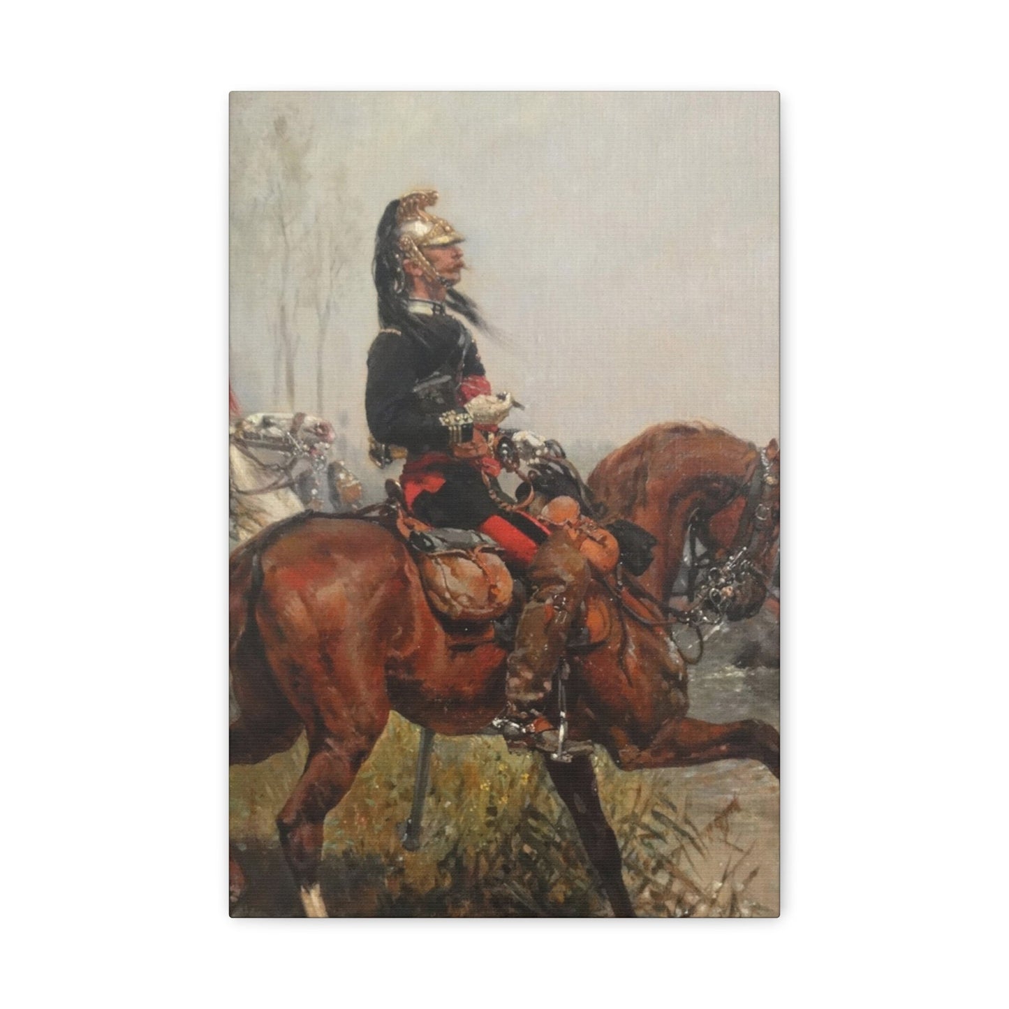 Alphonse-Marie-Adolphe de Neuville (1835-1885) Dragoons officer crossing a river - 1878 - Canvas Wall Art-12" x 18"-The Sticker Space