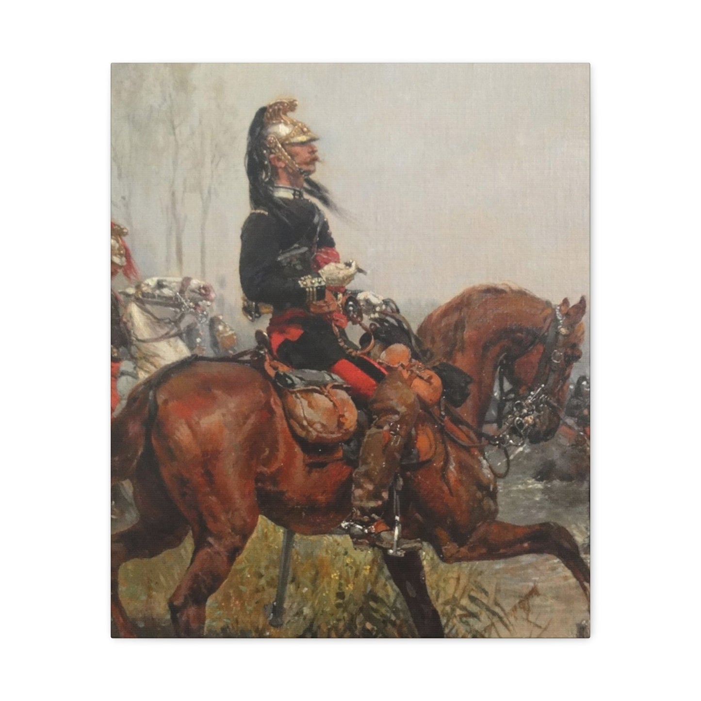 Alphonse-Marie-Adolphe de Neuville (1835-1885) Dragoons officer crossing a river - 1878 - Canvas Wall Art-20″ x 24″-The Sticker Space