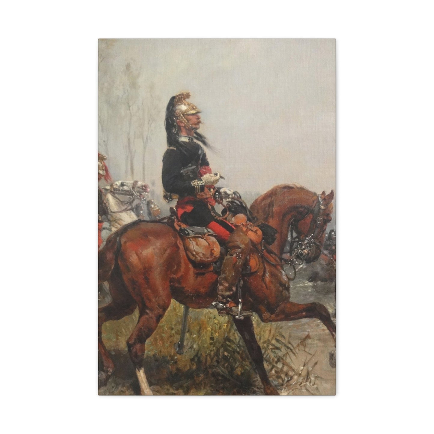 Alphonse-Marie-Adolphe de Neuville (1835-1885) Dragoons officer crossing a river - 1878 - Canvas Wall Art-20″ x 30″-The Sticker Space