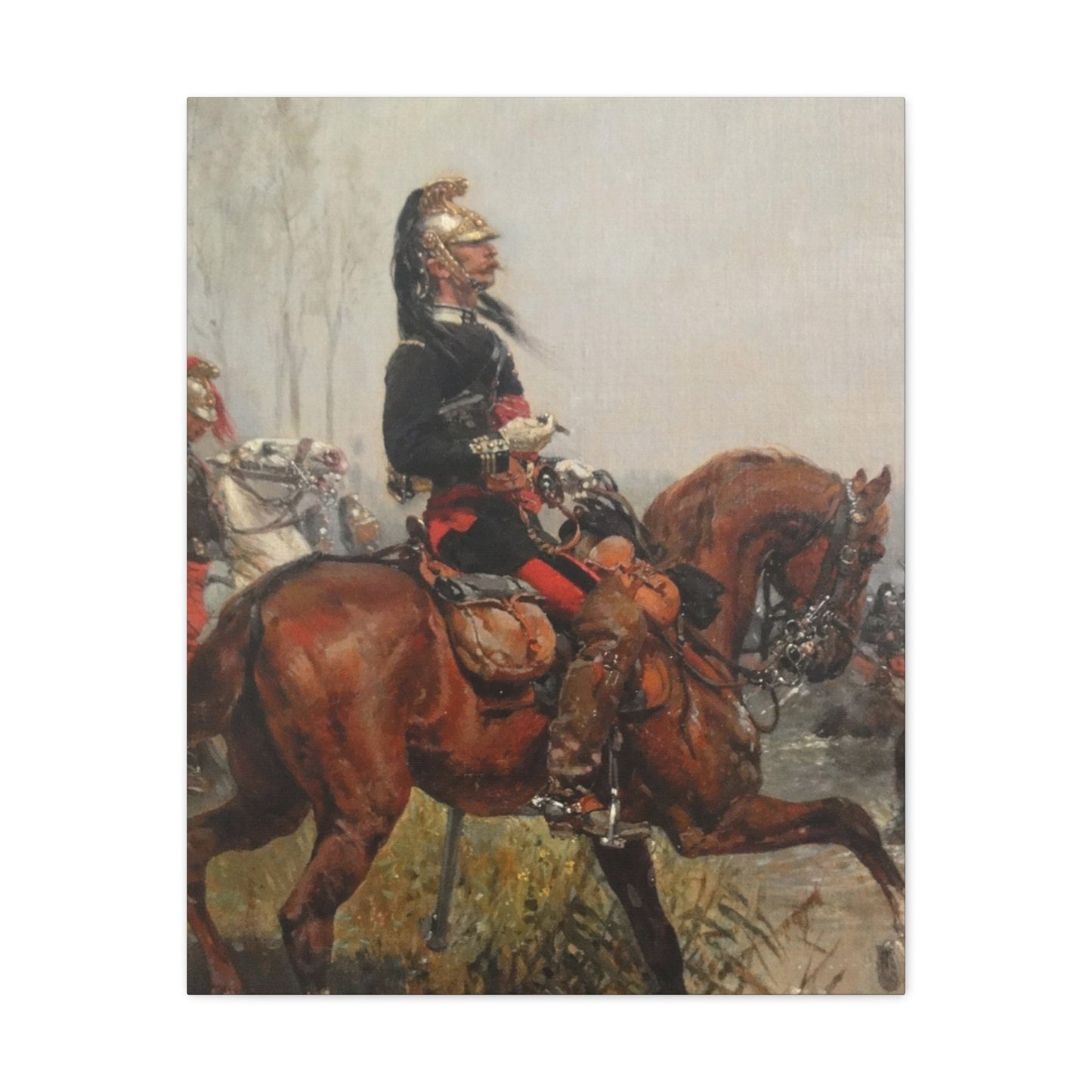 Alphonse-Marie-Adolphe de Neuville (1835-1885) Dragoons officer crossing a river - 1878 - Canvas Wall Art-24″ x 30″-The Sticker Space