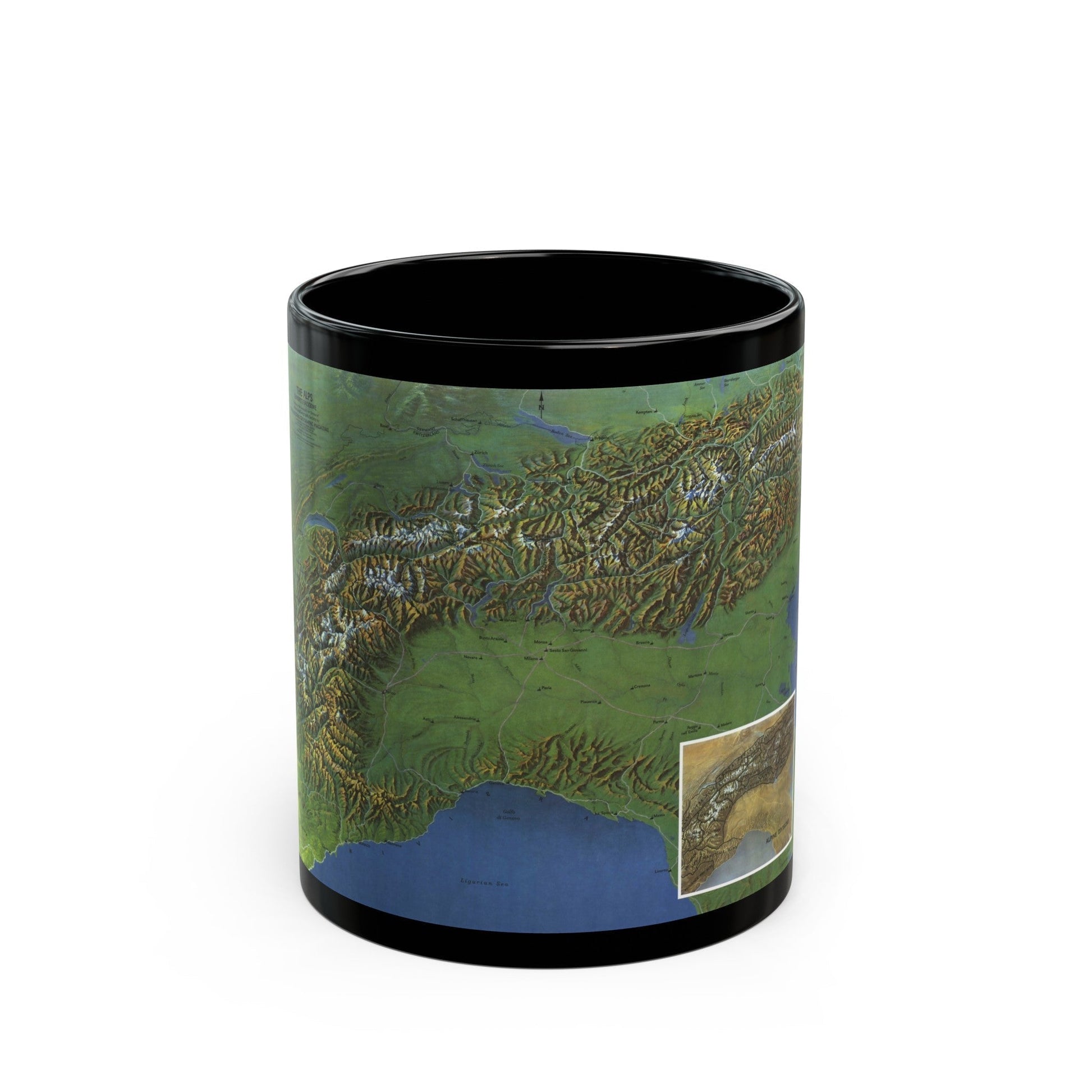 Alps, The - Europe's Backbone (1965) (Map) Black Coffee Mug-11oz-The Sticker Space