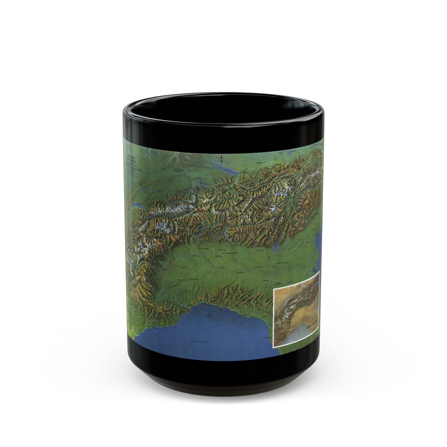 Alps, The - Europe's Backbone (1965) (Map) Black Coffee Mug-15oz-The Sticker Space