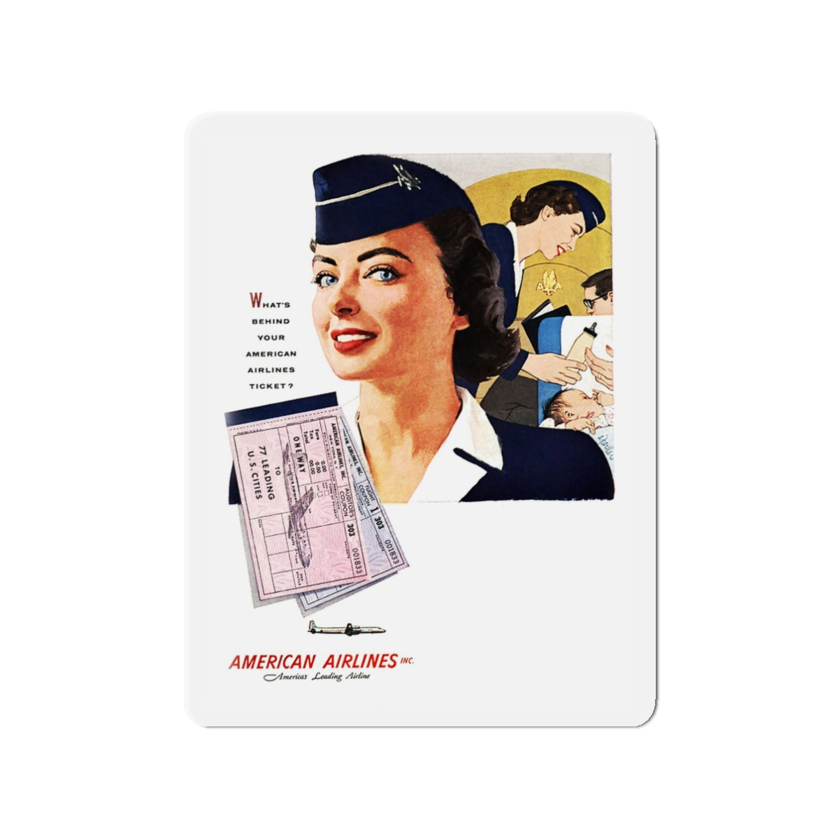 American Airlines ad, 1954 (Magazine Illustration) Refrigerator Magnet-3" x 3"-The Sticker Space